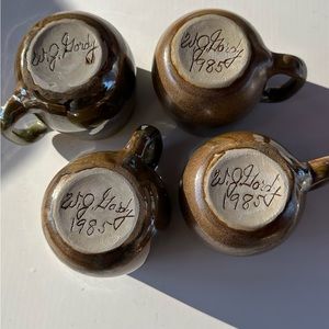 W.J. Gordy Georgia Pottery. 4 Mugs, dry bottoms, brilliant blue green glaze